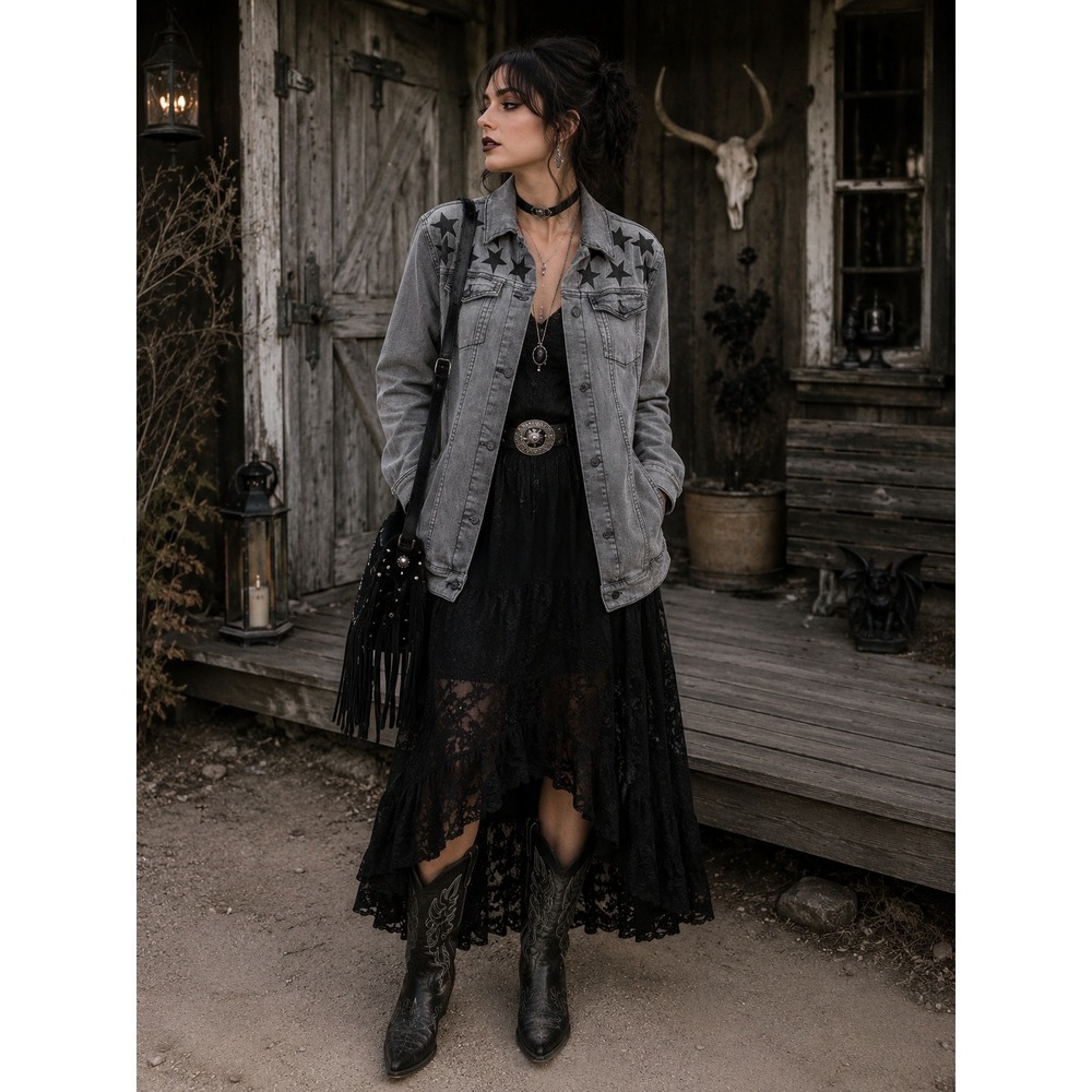 Whimsigoth Western Punk Grunge Gray Denim Embroidered Stars Trucker M Jacket